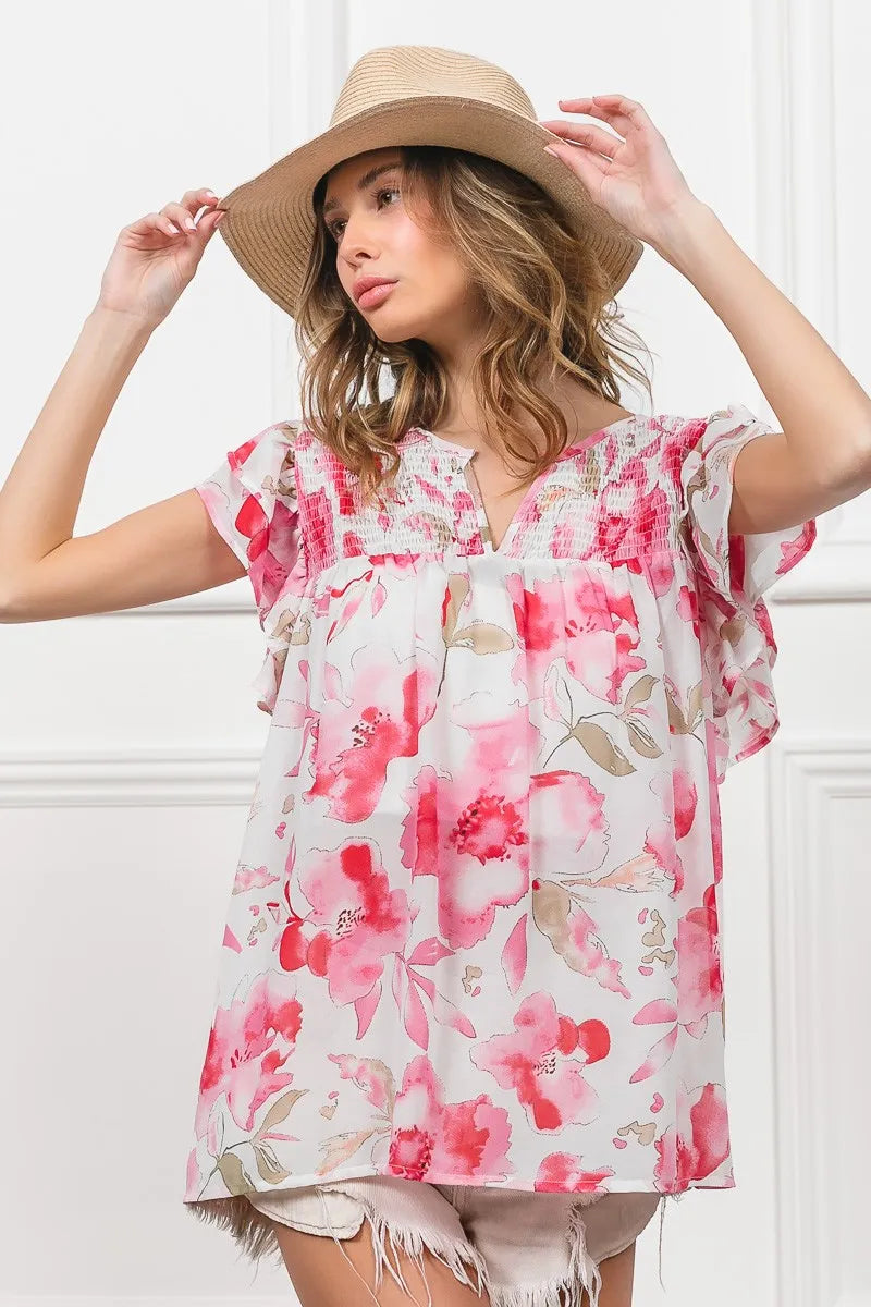 BiBi Floral Print Flutter Sheer Top OutfitFlow