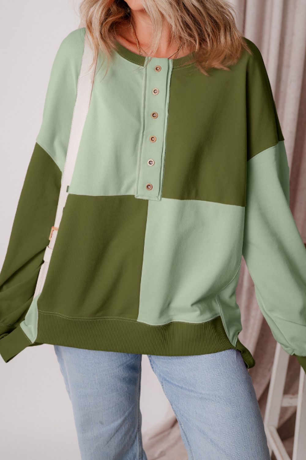 Outfit Flow - Color Block Half Button Long Sleeve Sweatshirt