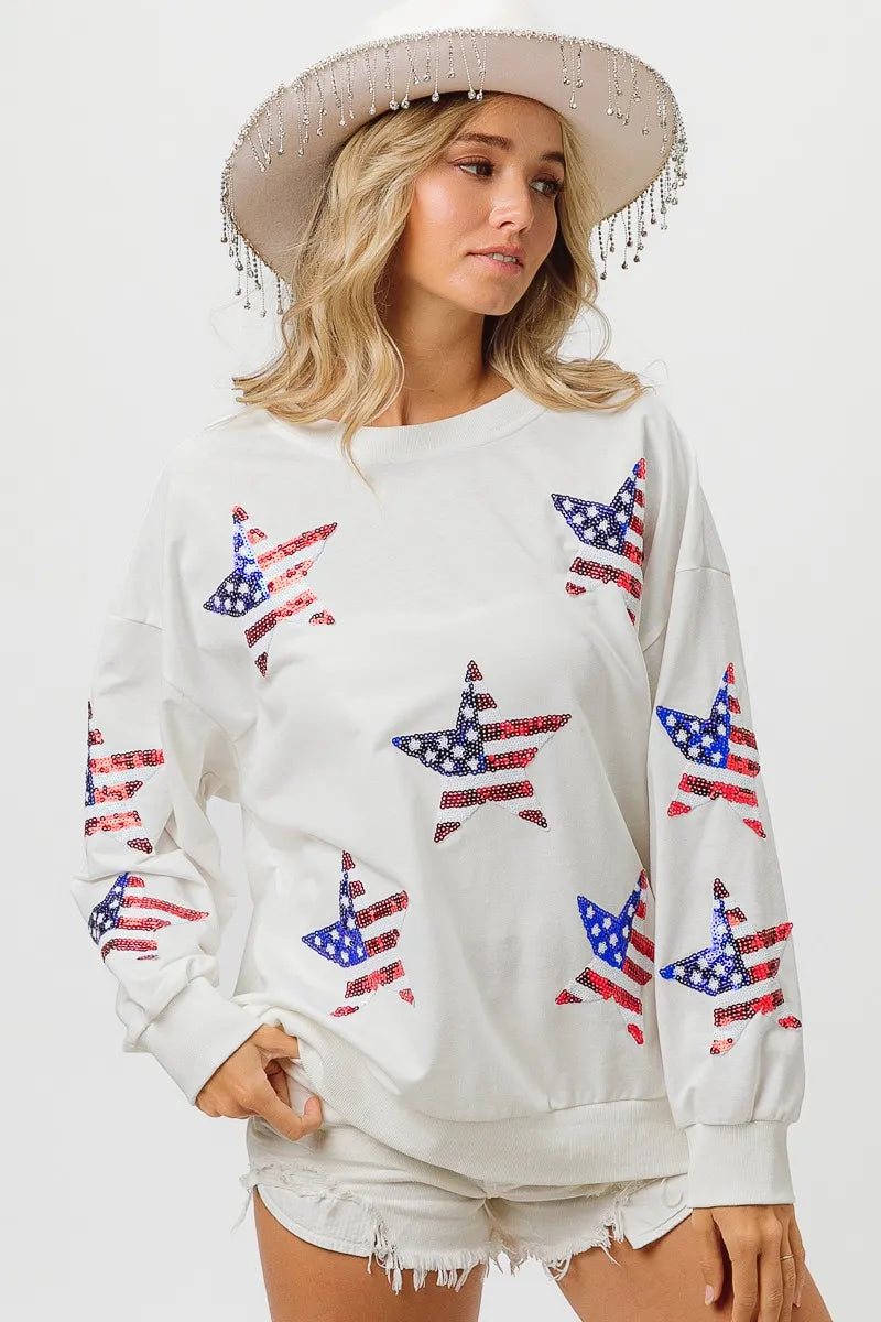 BiBi American Flag Sequin Star Sweatshirt OutfitFlow