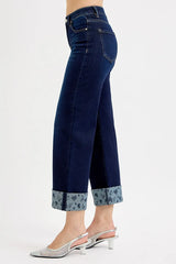 RISEN Full Size Mid Rise Fit Crop Wide With Printed Cuff Jeans Plus Size OutfitFlow