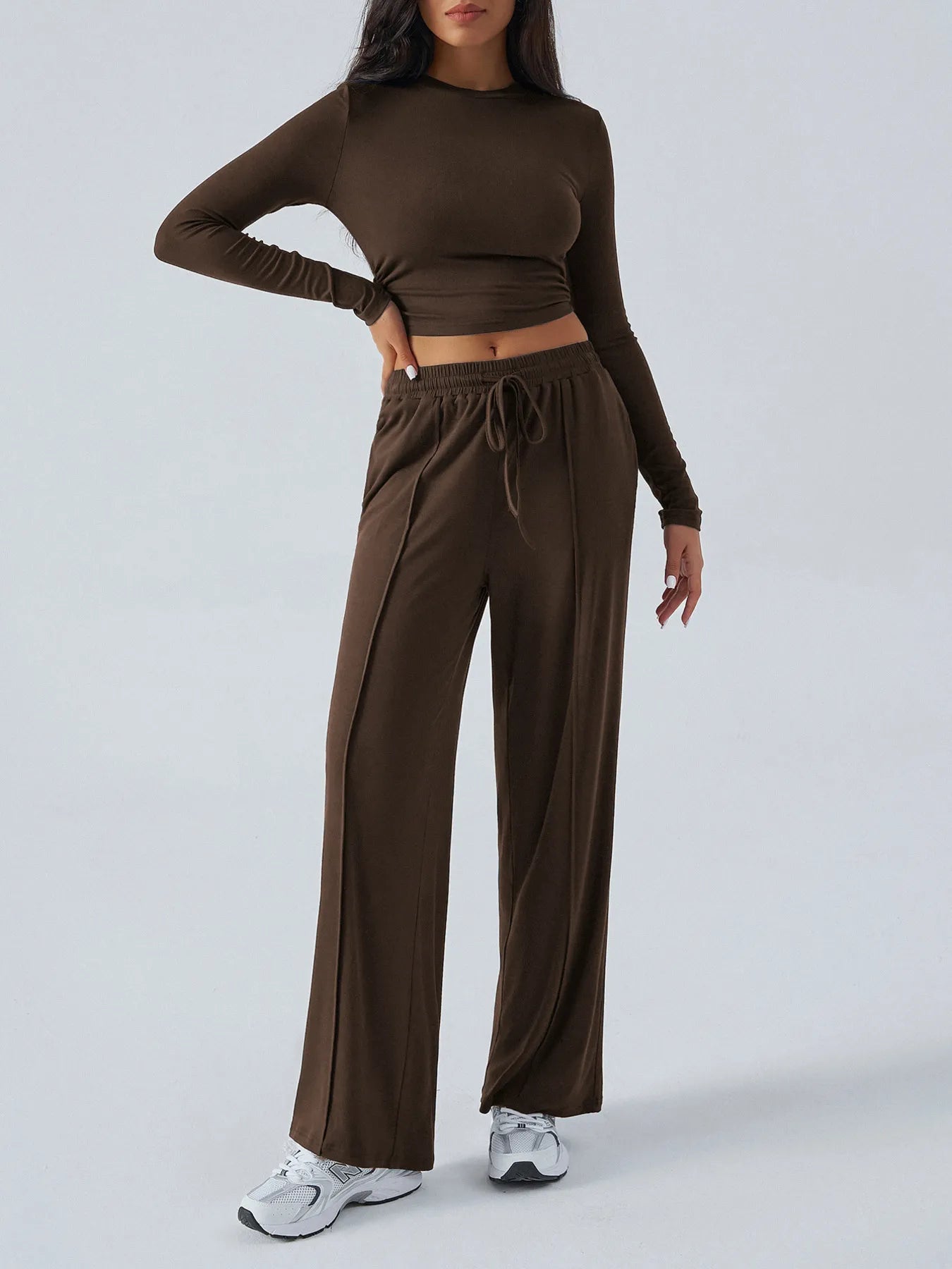 Round Neck Long Sleeve Top and Pants Set OutfitFlow