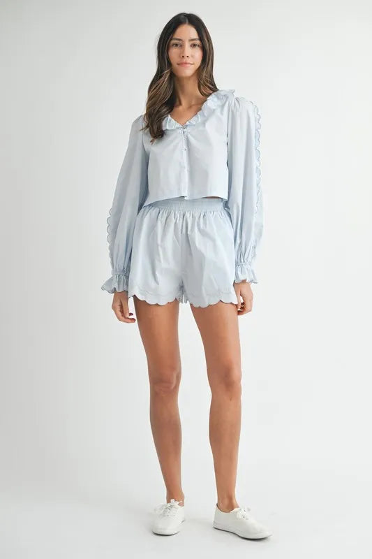 MABLE Long Sleeve Scallop Blouse and Shorts Set OutfitFlow