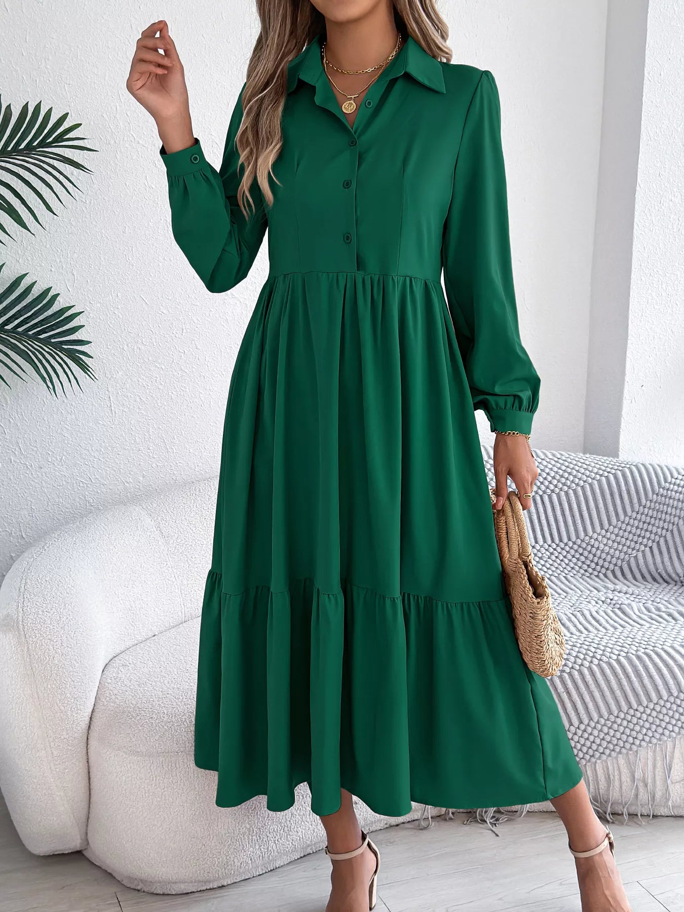 Long Sleeve Tiered Button Front Midi Dress OutfitFlow