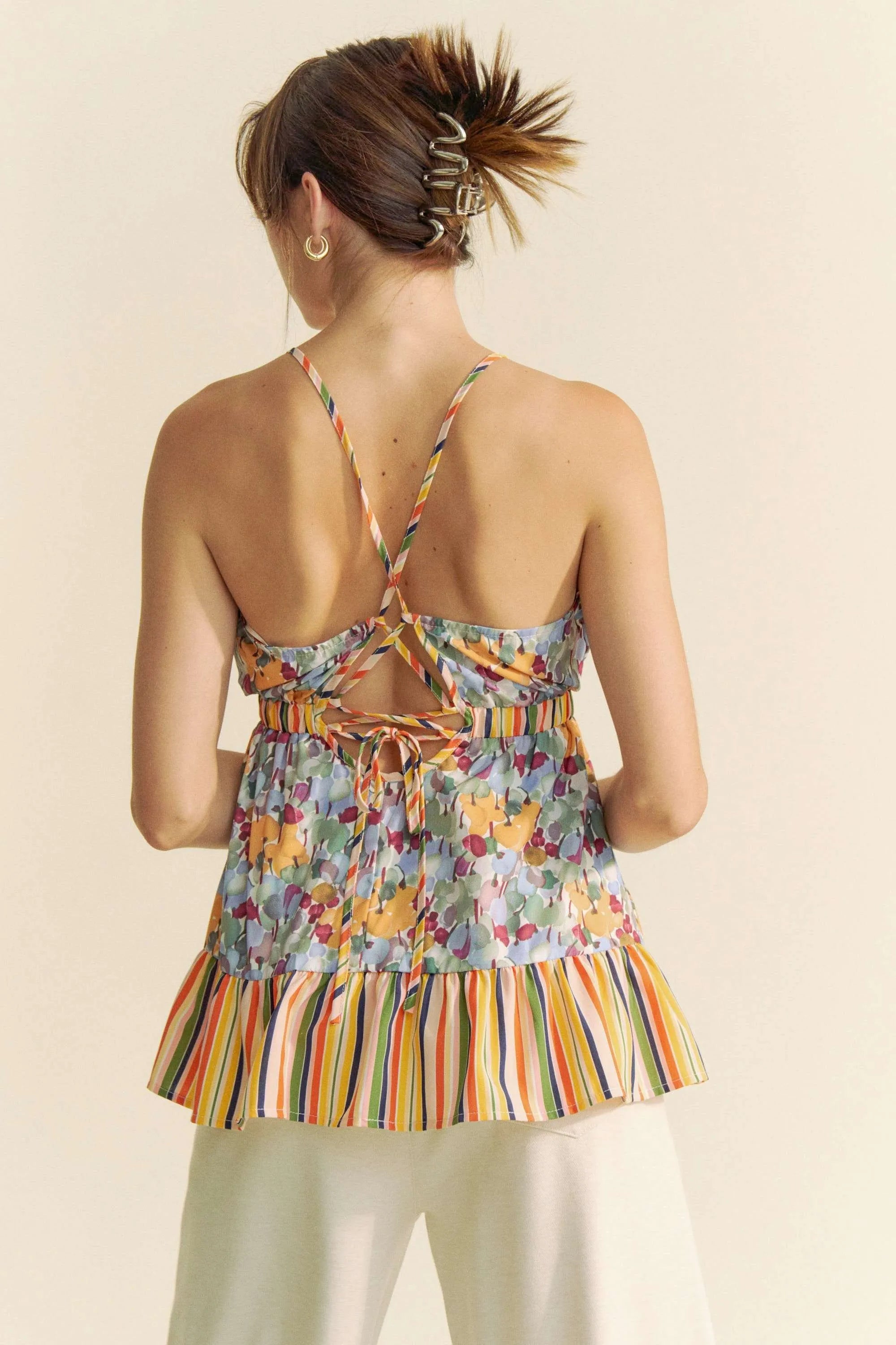 Davi & Dani Floral Smocked Sleeveless Ruffle Back Tie Top OutfitFlow