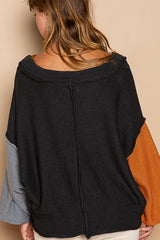 Outfit Flow - POL Exposed Seam Roll Edge Color Block V Neck Sweater