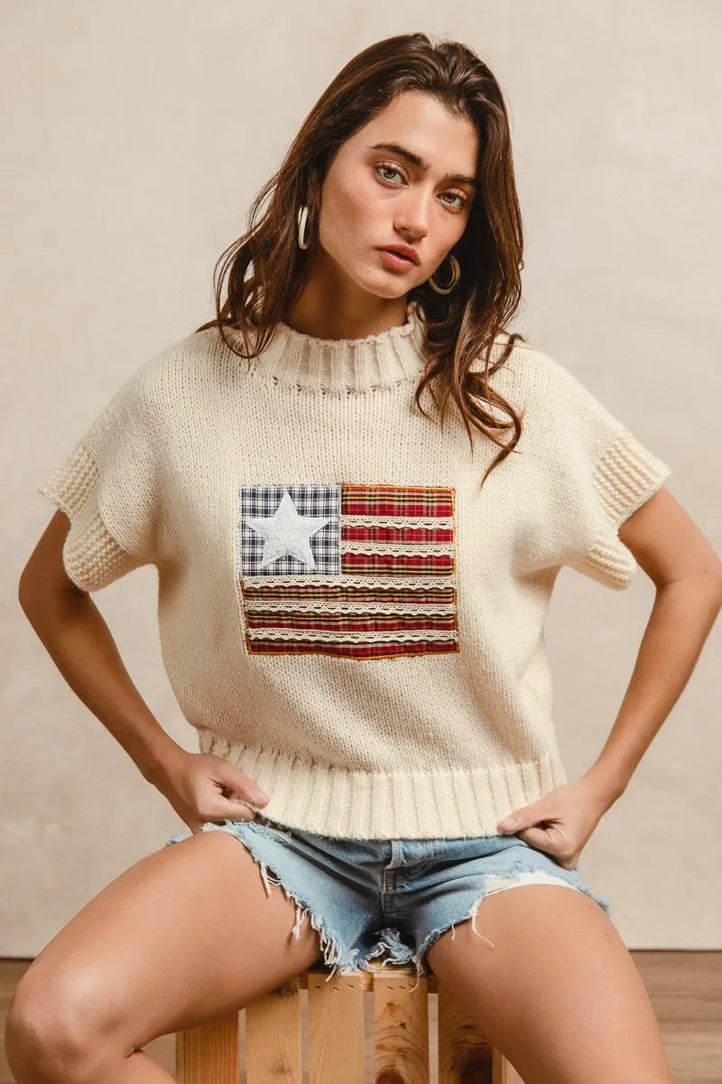 BiBi American Flag Patchwork Drop Shoulder Sweater OutfitFlow