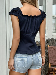 Ruffle Trim Button-Up Cap Sleeve Shirt OutfitFlow