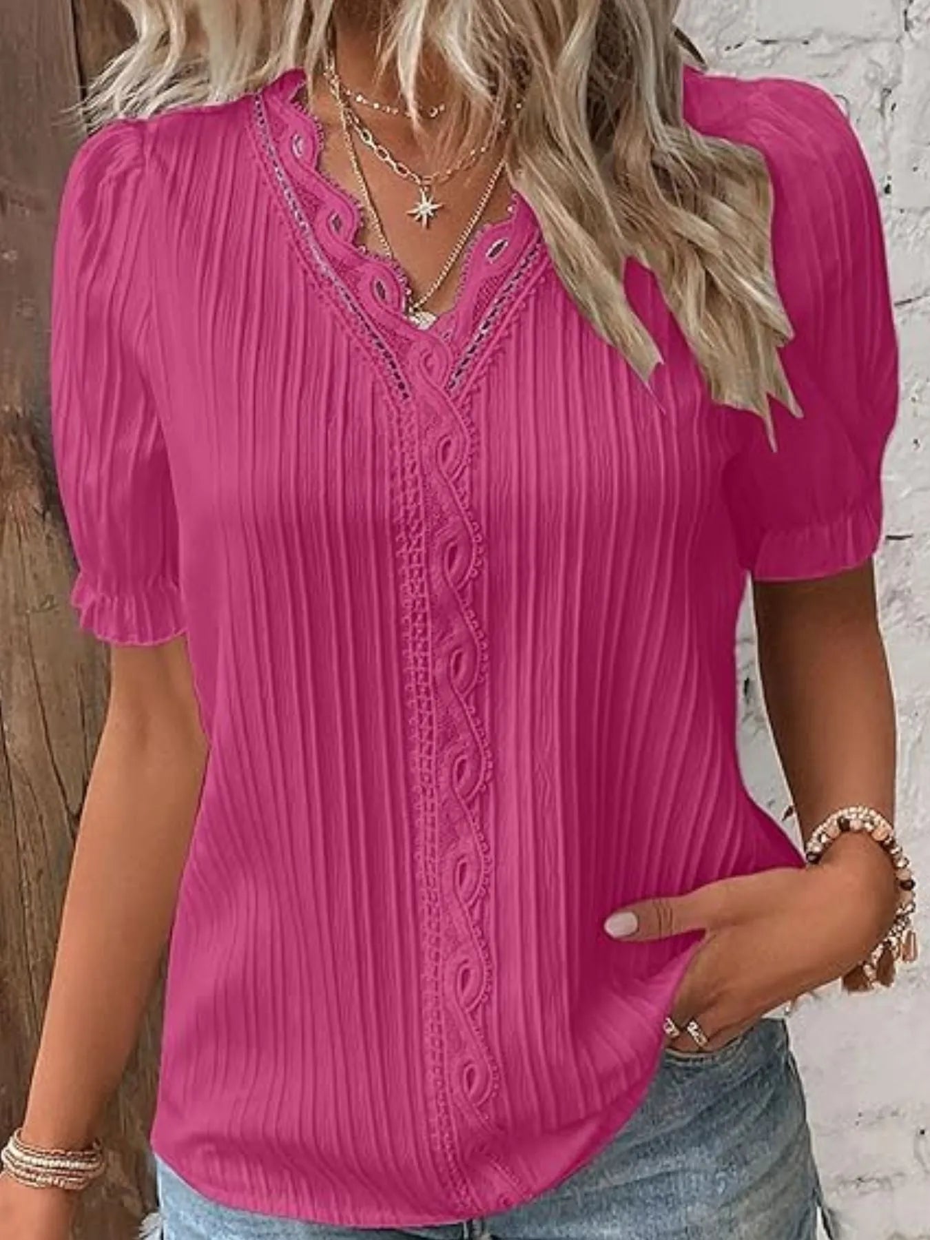 Full Size Lace Detail V-Neck Blouse Plus Size Rose Red OutfitFlow