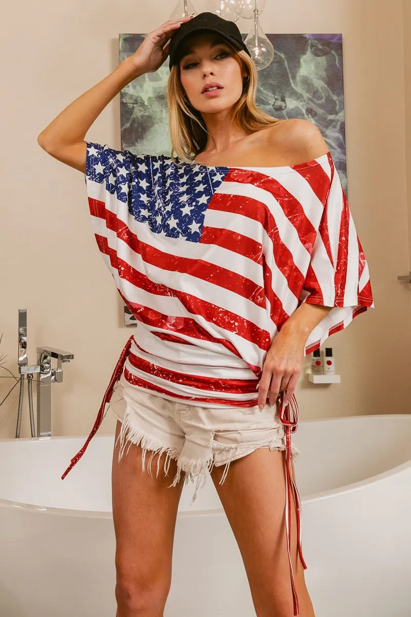 BiBi American Flag Printed Side Ruched Details Knit Top OutfitFlow