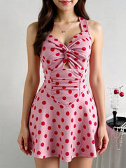 Polka Dot Halter Neck Twisted Front Mini Dress OutfitFlow