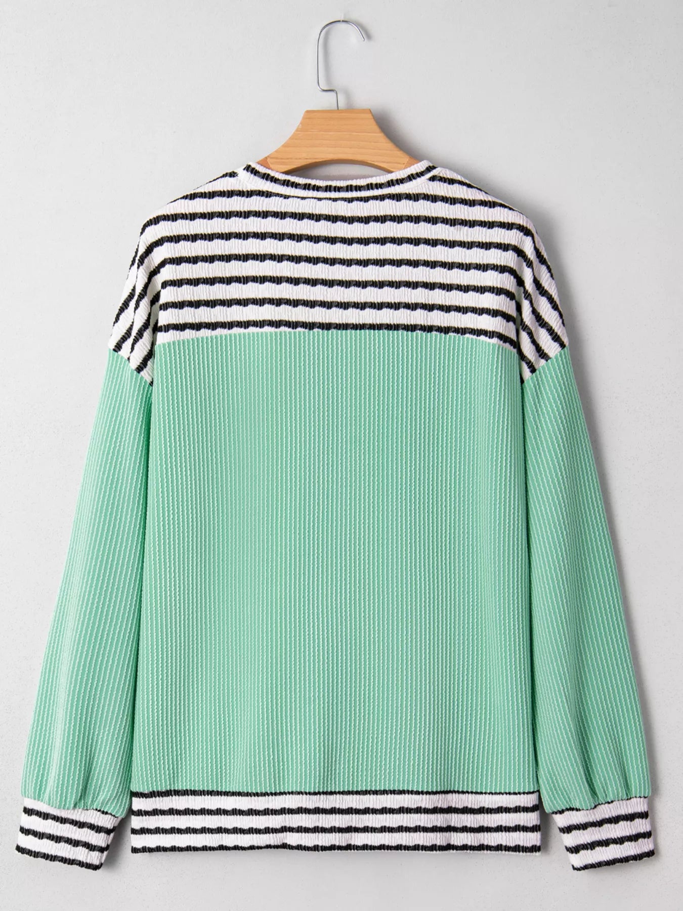 Twisted Ribbed Contrast Round Neck Striped Patchwork Long Sleeve Top OutfitFlow