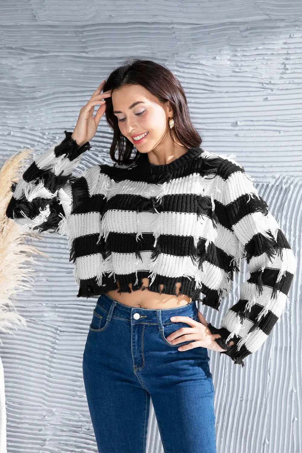 Striped Fringe Round Neck Sweater OutfitFlow