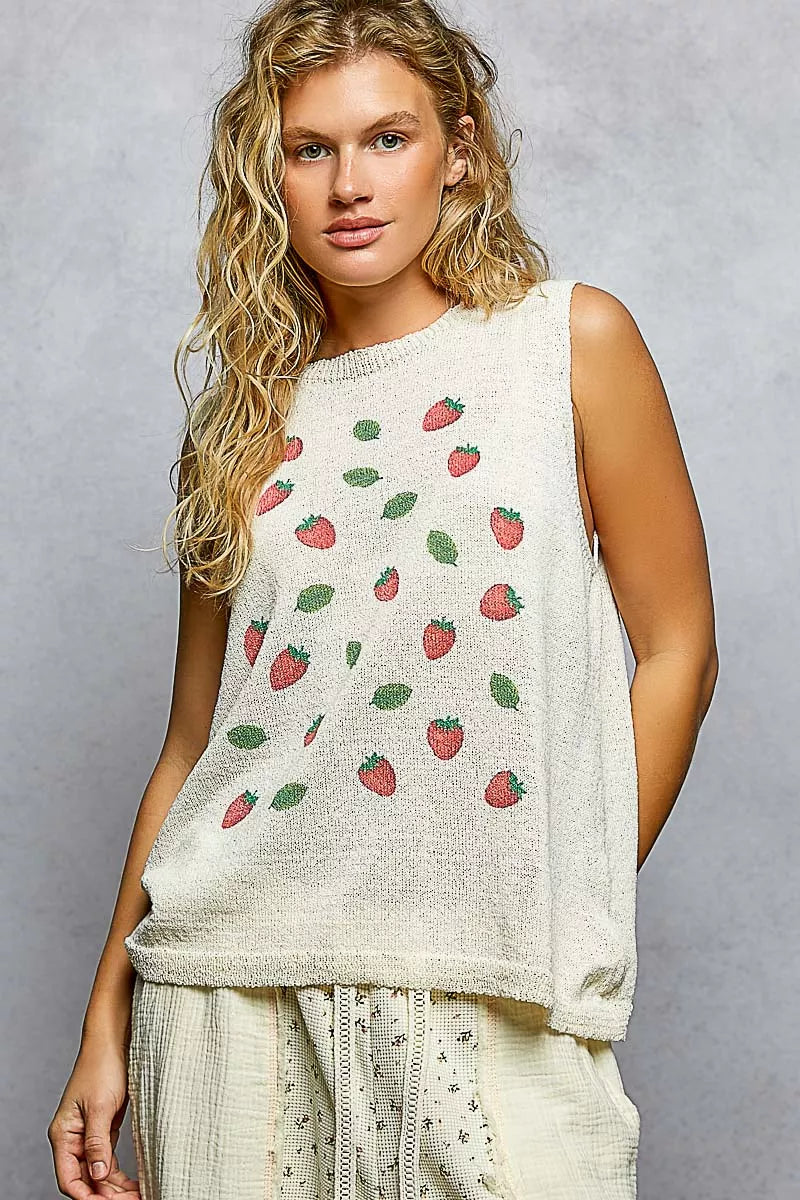 POL Strawberry Pattern Round Neck Sleeveless Sweater Top NATURAL OutfitFlow