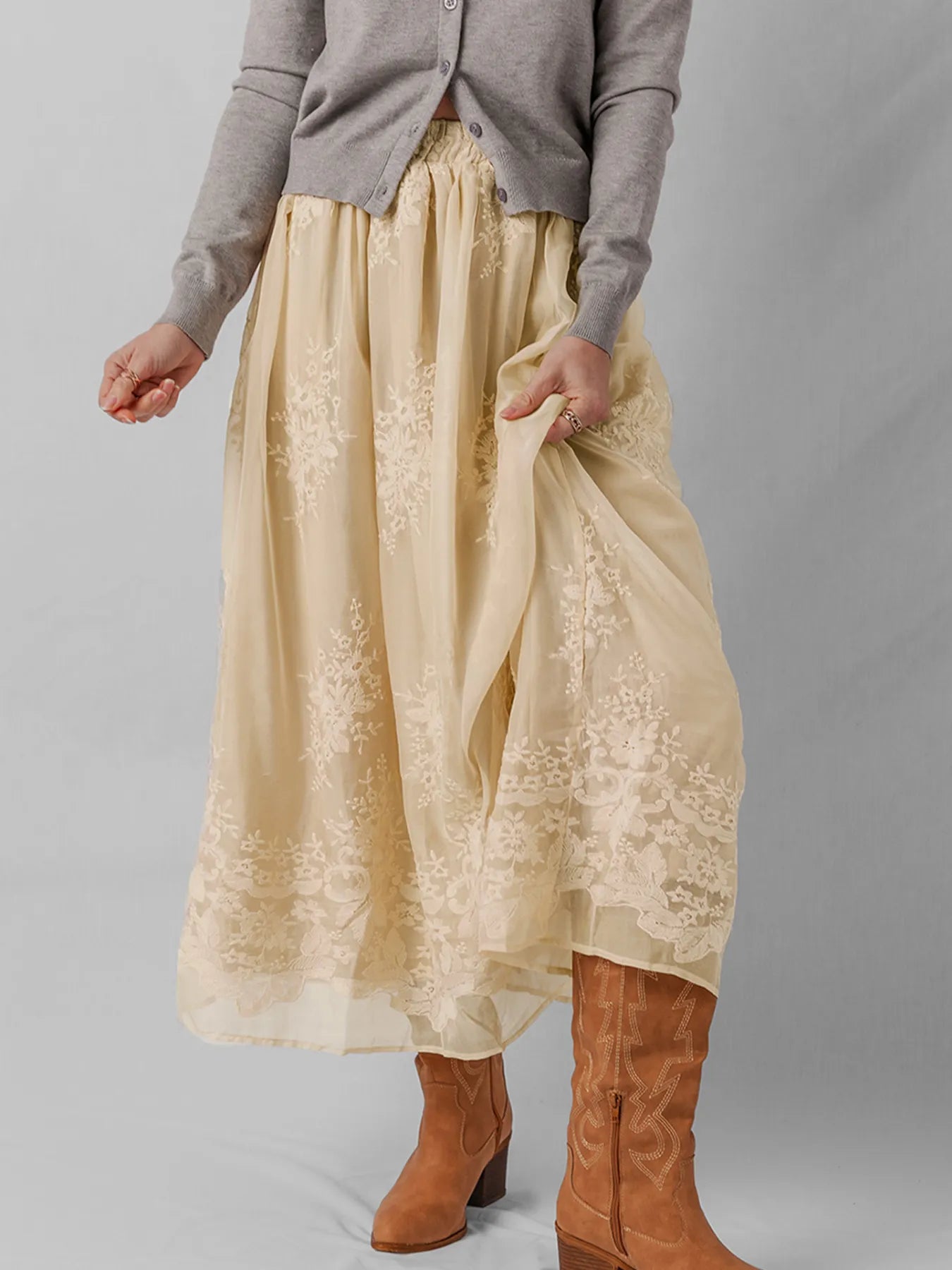 Embroidered Mesh Overlay Flowy Midi Skirt OutfitFlow