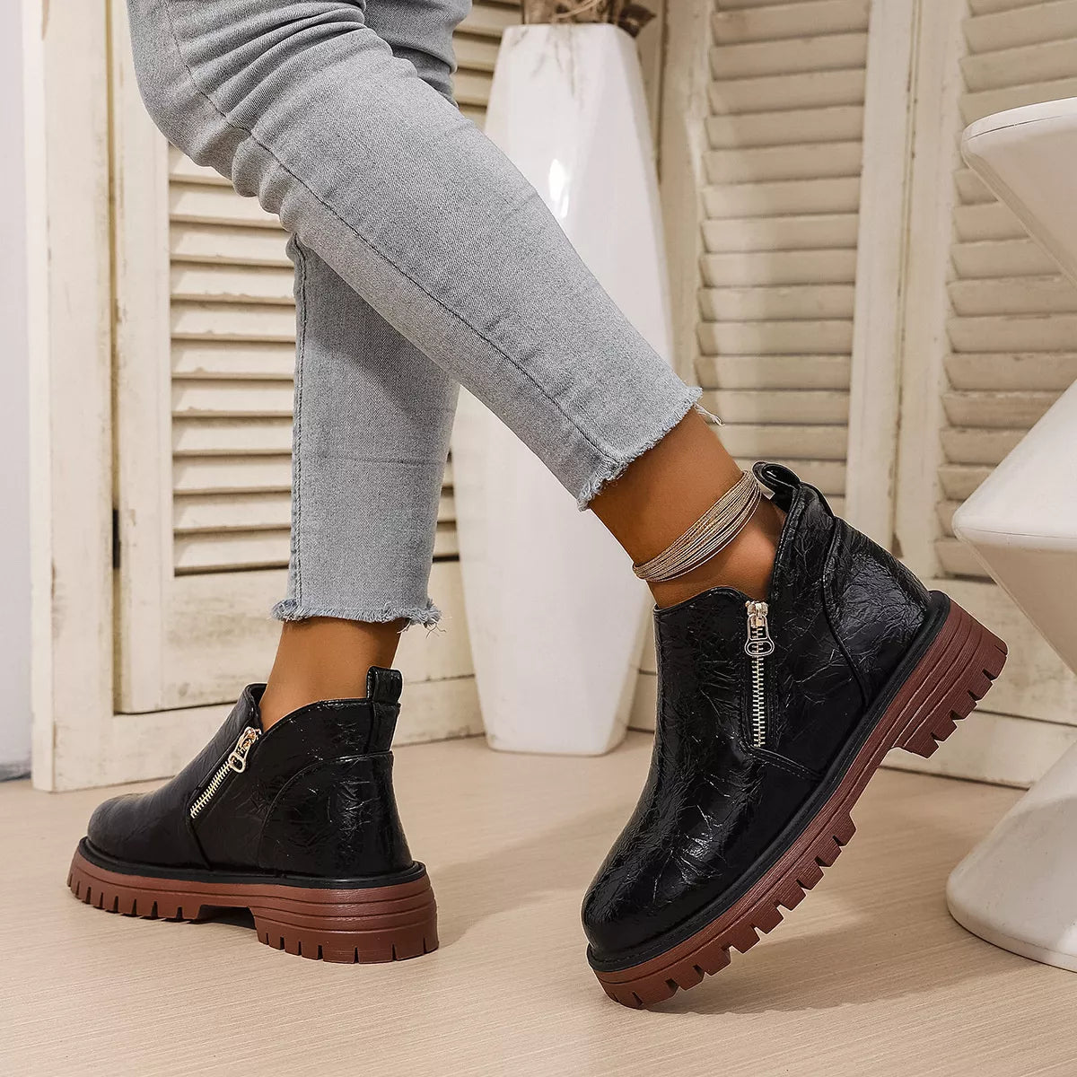 Round Toe Block Heels Boots OutfitFlow