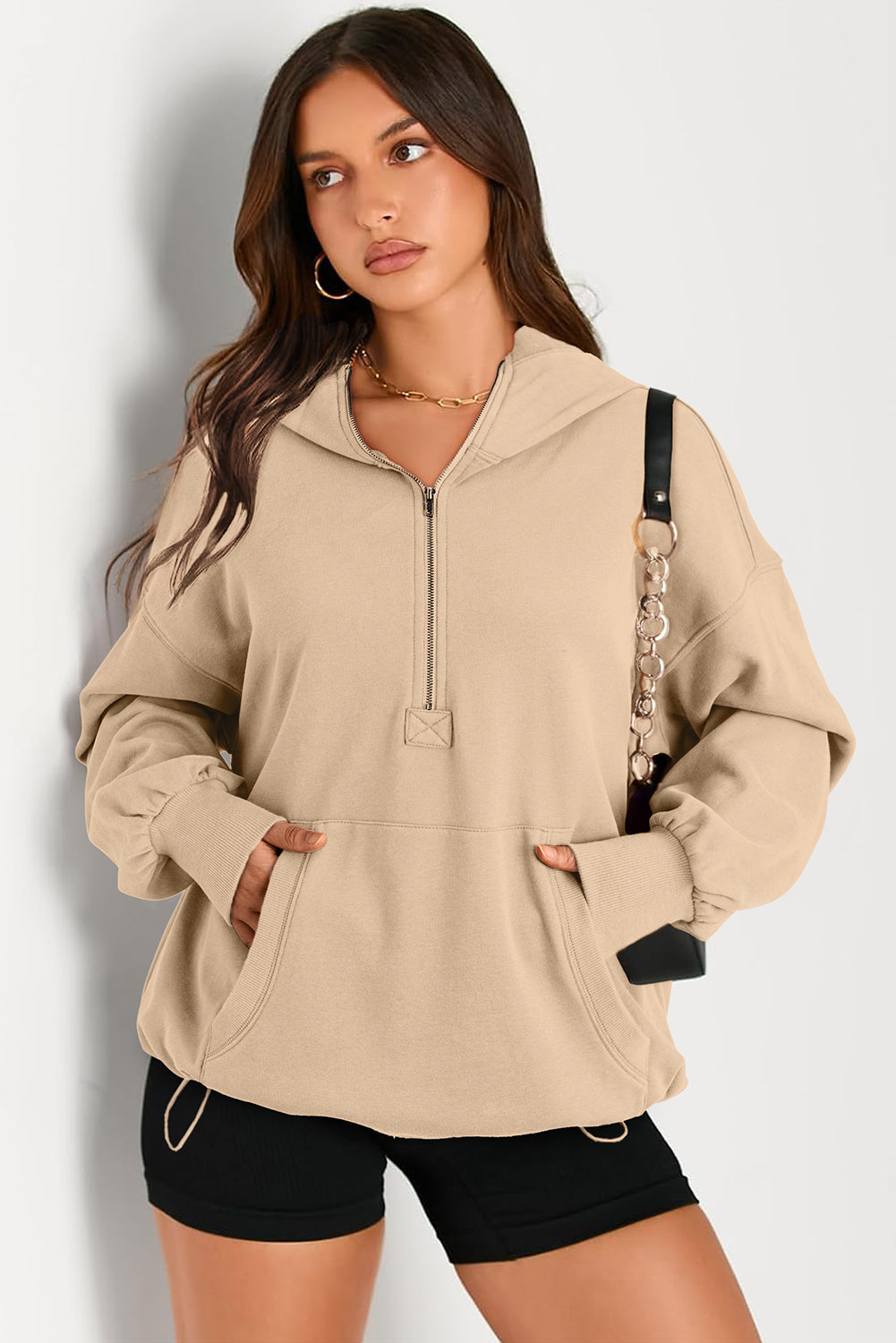 Outfit Flow - Pocketed Half Zip Long Sleeve Hoodie