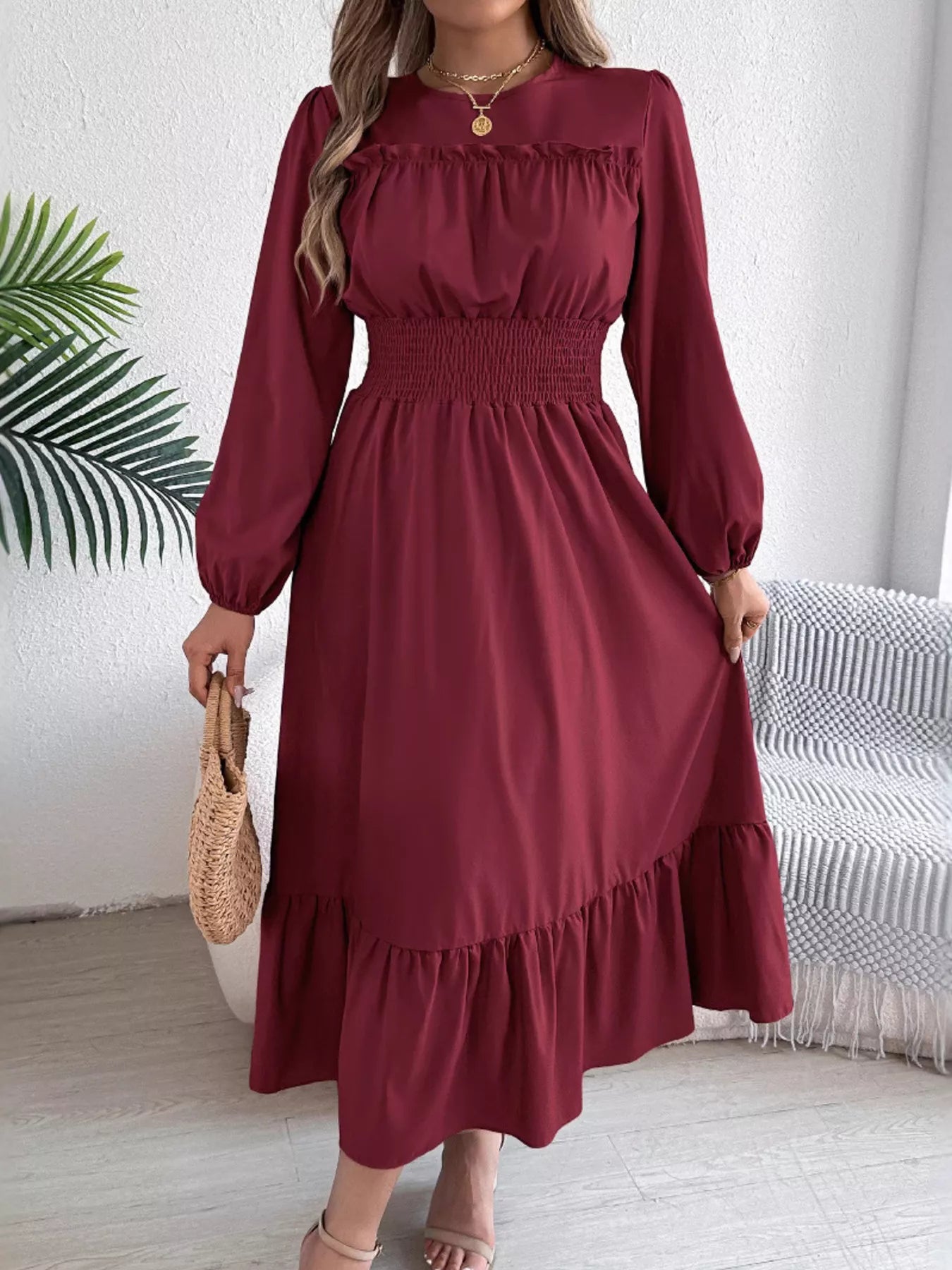 Round Neck Balloon Sleeve Tiered Dress OutfitFlow