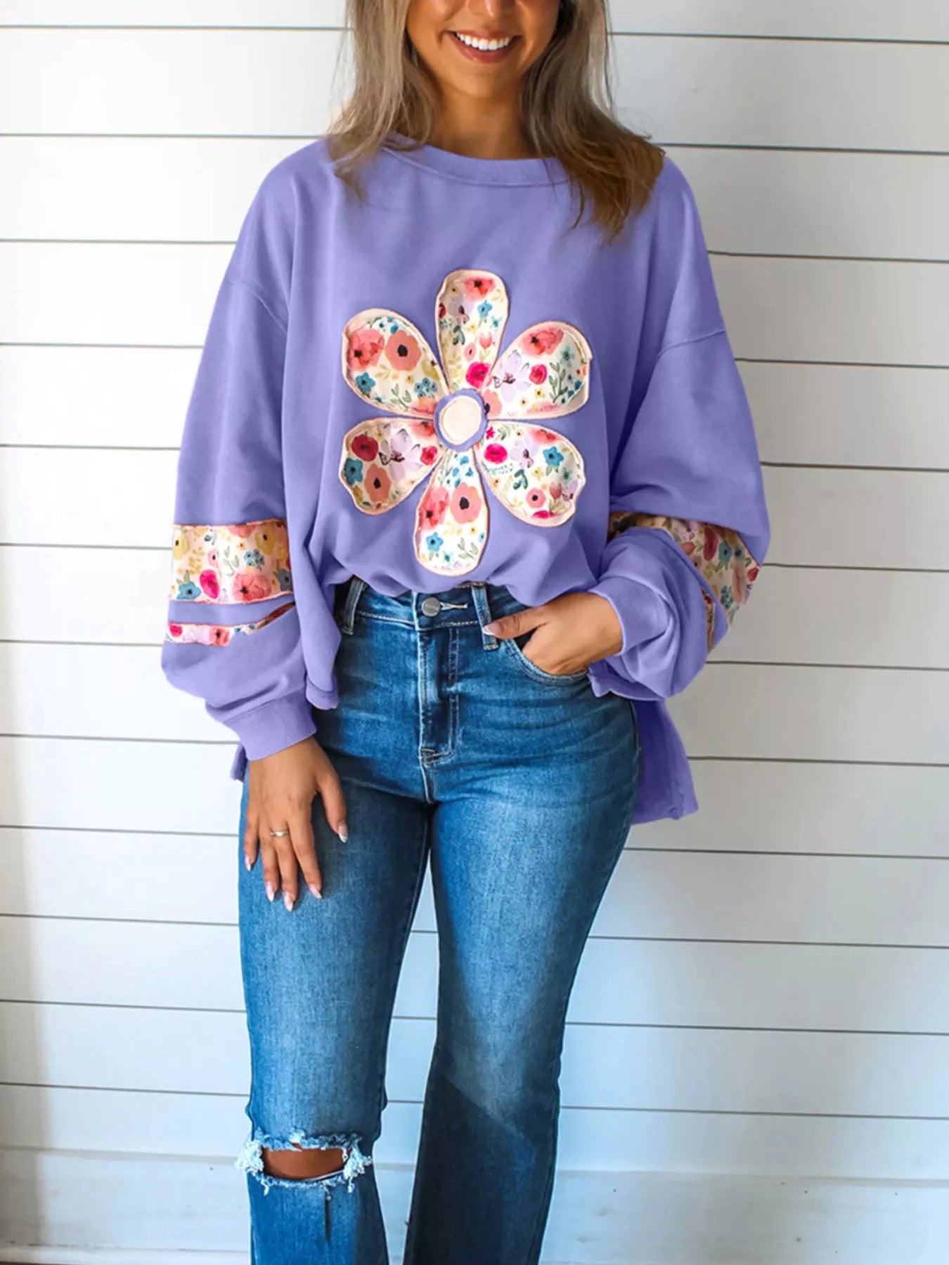 Plus Size Floral Applique Drop Shoulder Sweatshirt OutfitFlow