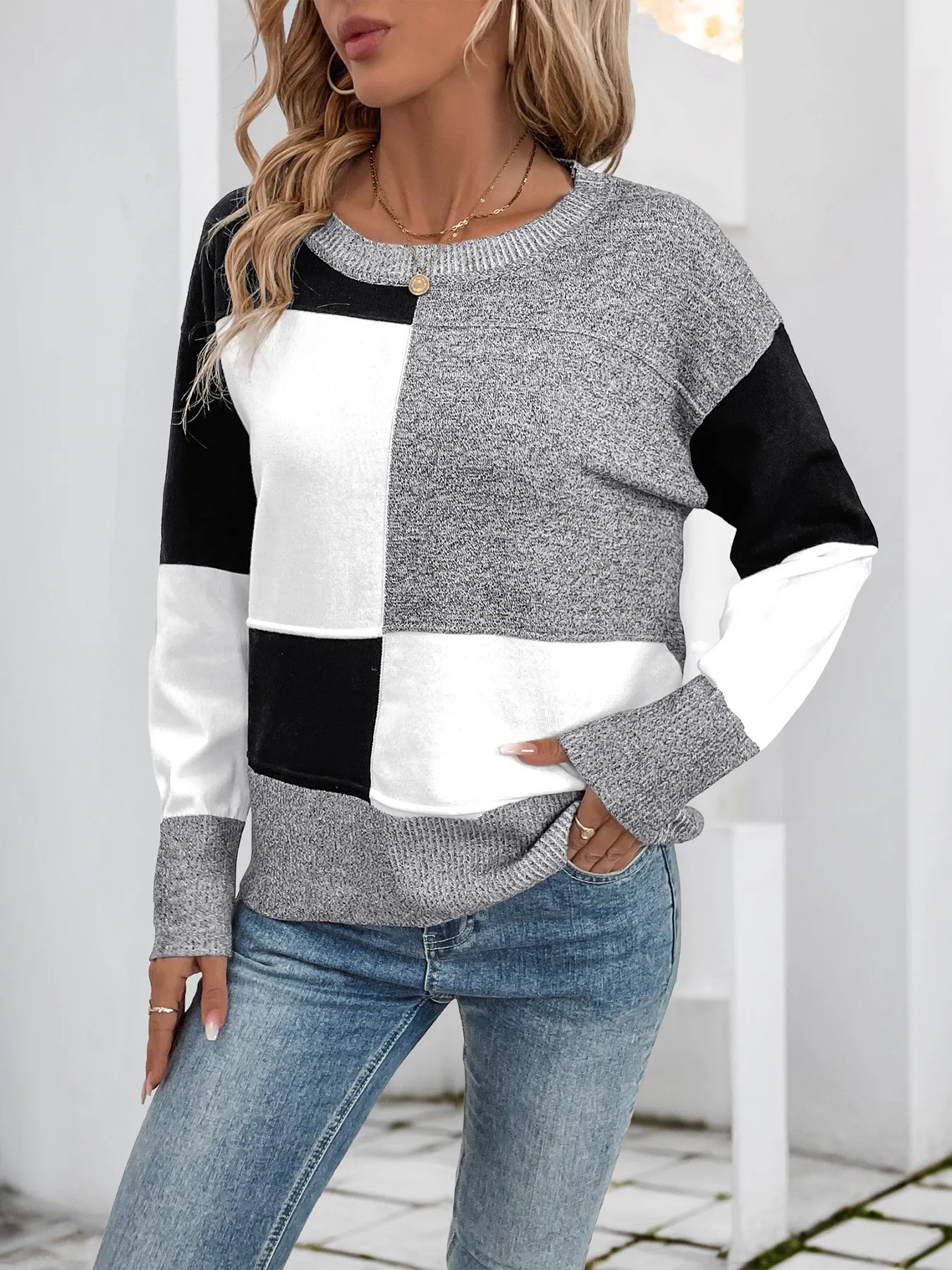Color Block Knit Long Sleeve Sweater OutfitFlow