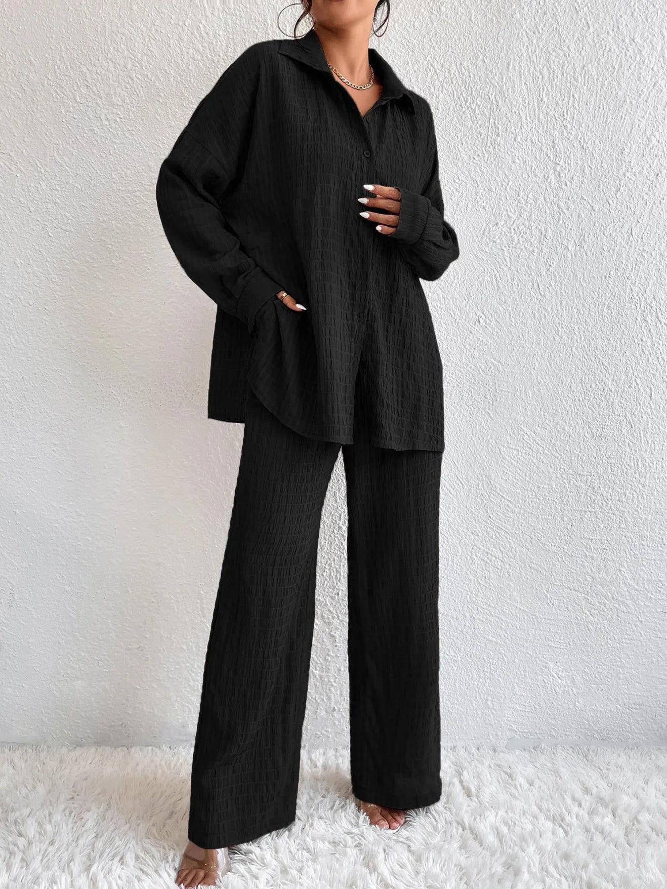 Button Up Long Sleeve Shirt and Pants Set OutfitFlow