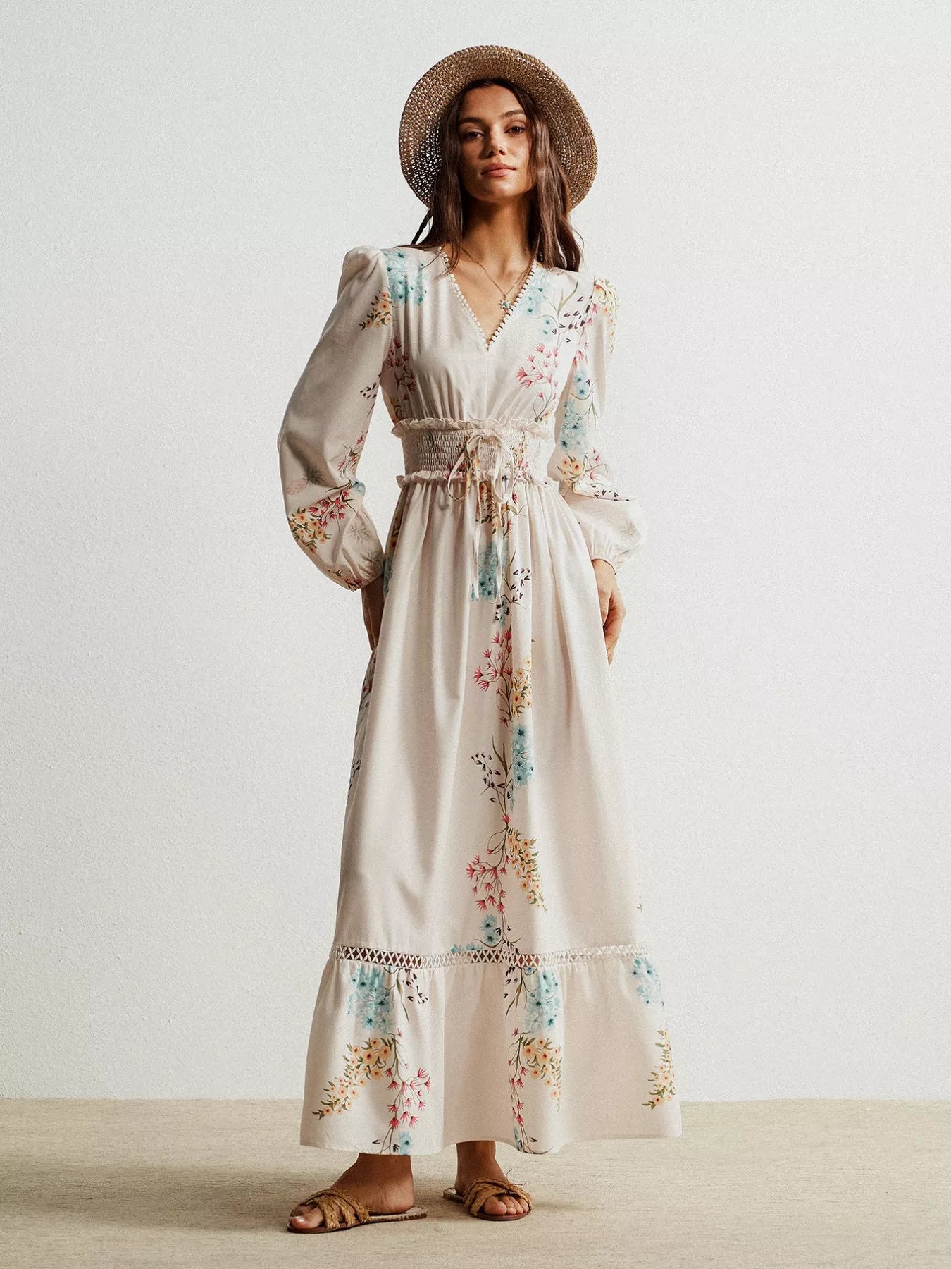 Floral Print Long Sleeve Maxi Dress with Smocked Waist OutfitFlow