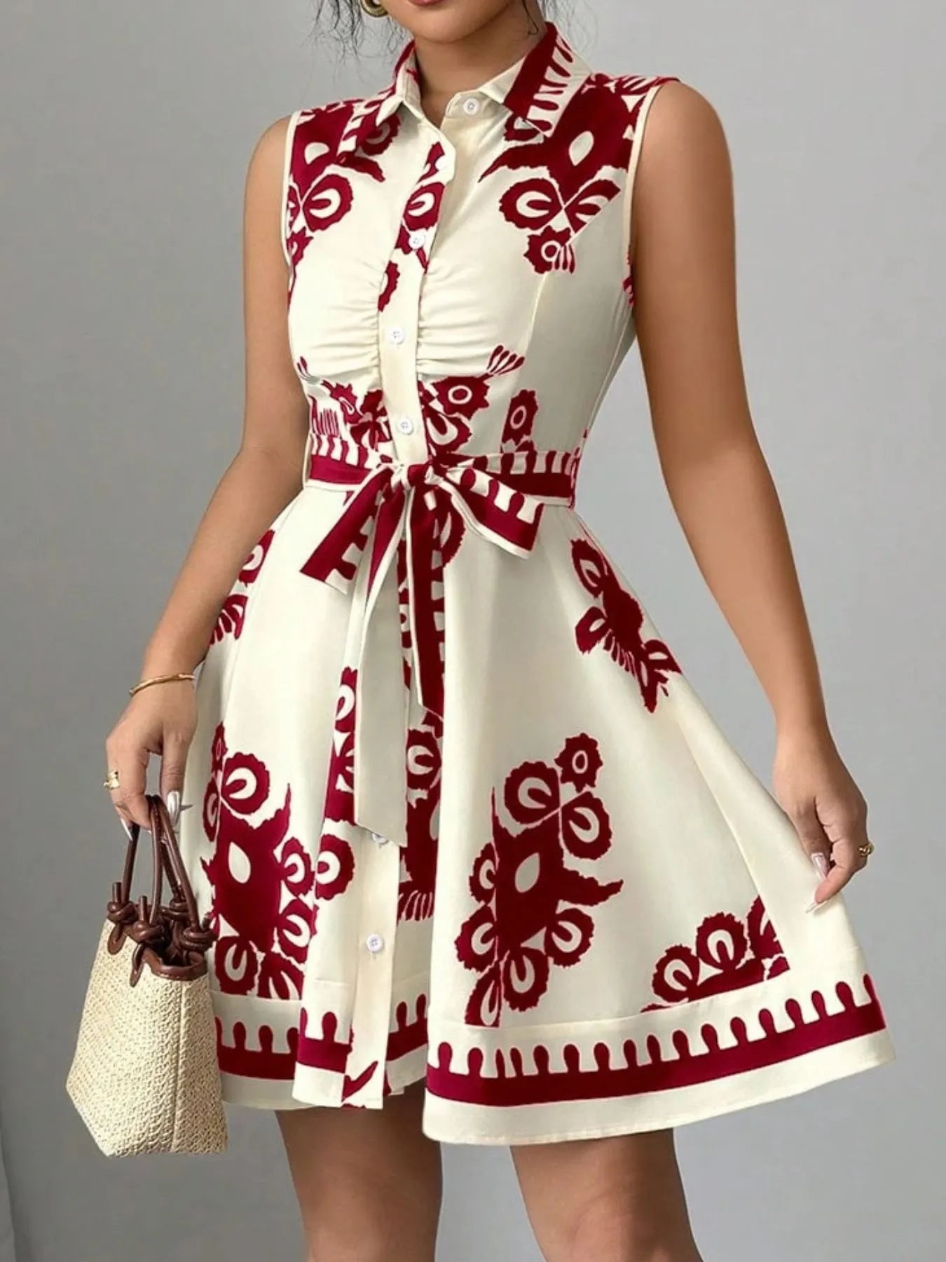 Printed Sleeveless Tie Waist Mini Dress OutfitFlow