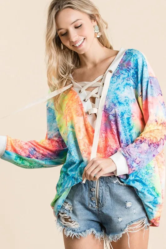 BiBi Tie Dye Deep V-neck Top With Lace Up Front Trendsi
