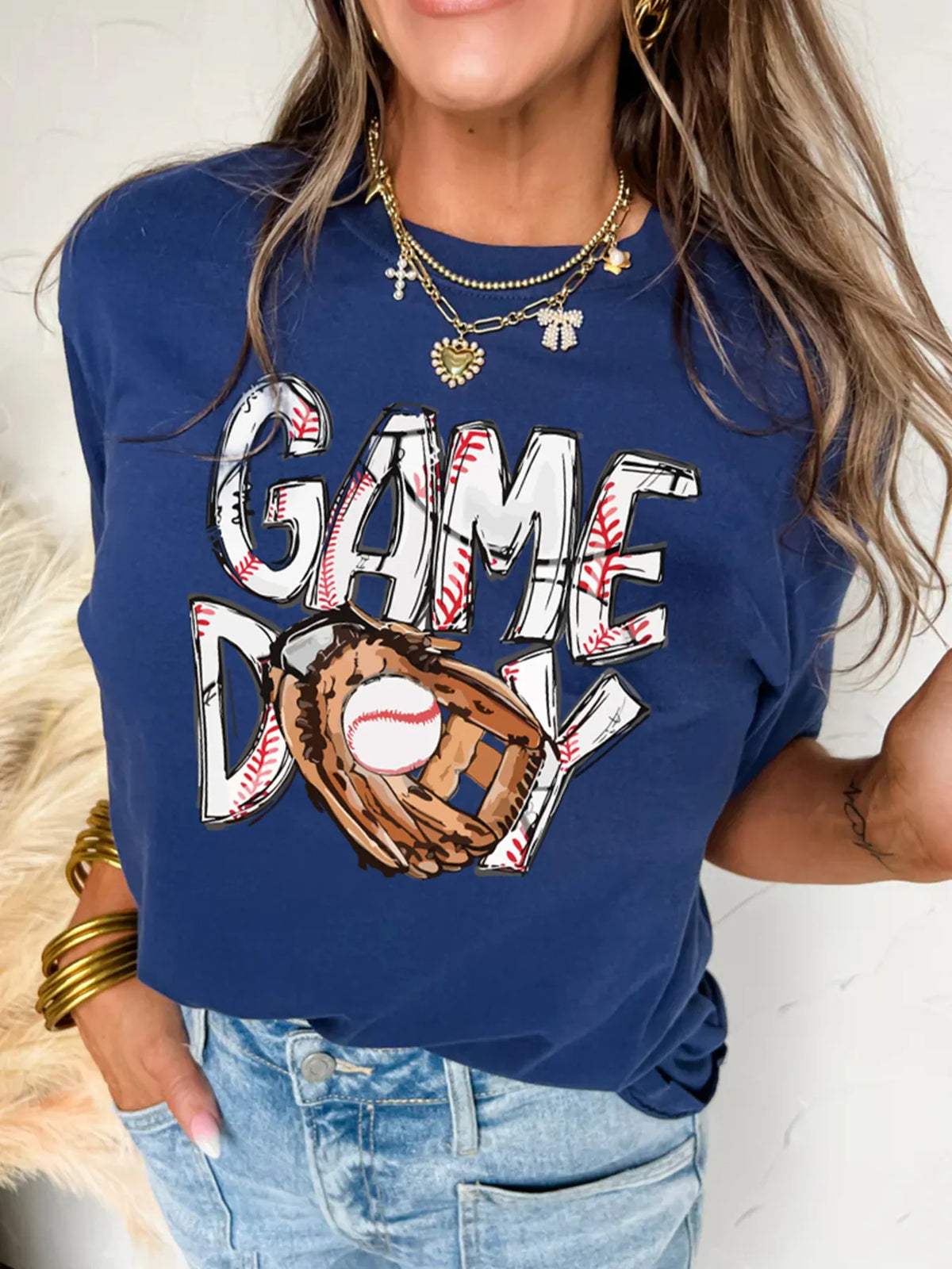 GAME DAY Graphic Short Sleeve T Shirt Blue OutfitFlow
