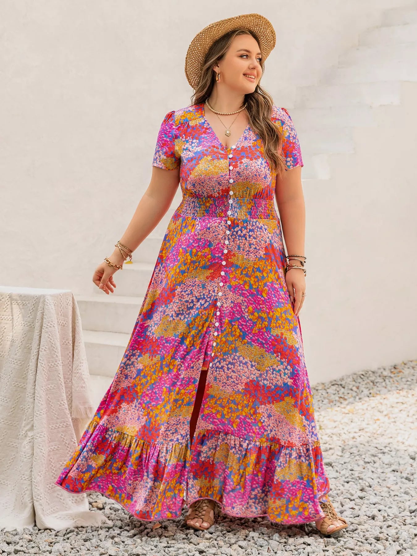 Plus Size Printed V-Neck Short Sleeve Maxi Dress OutfitFlow