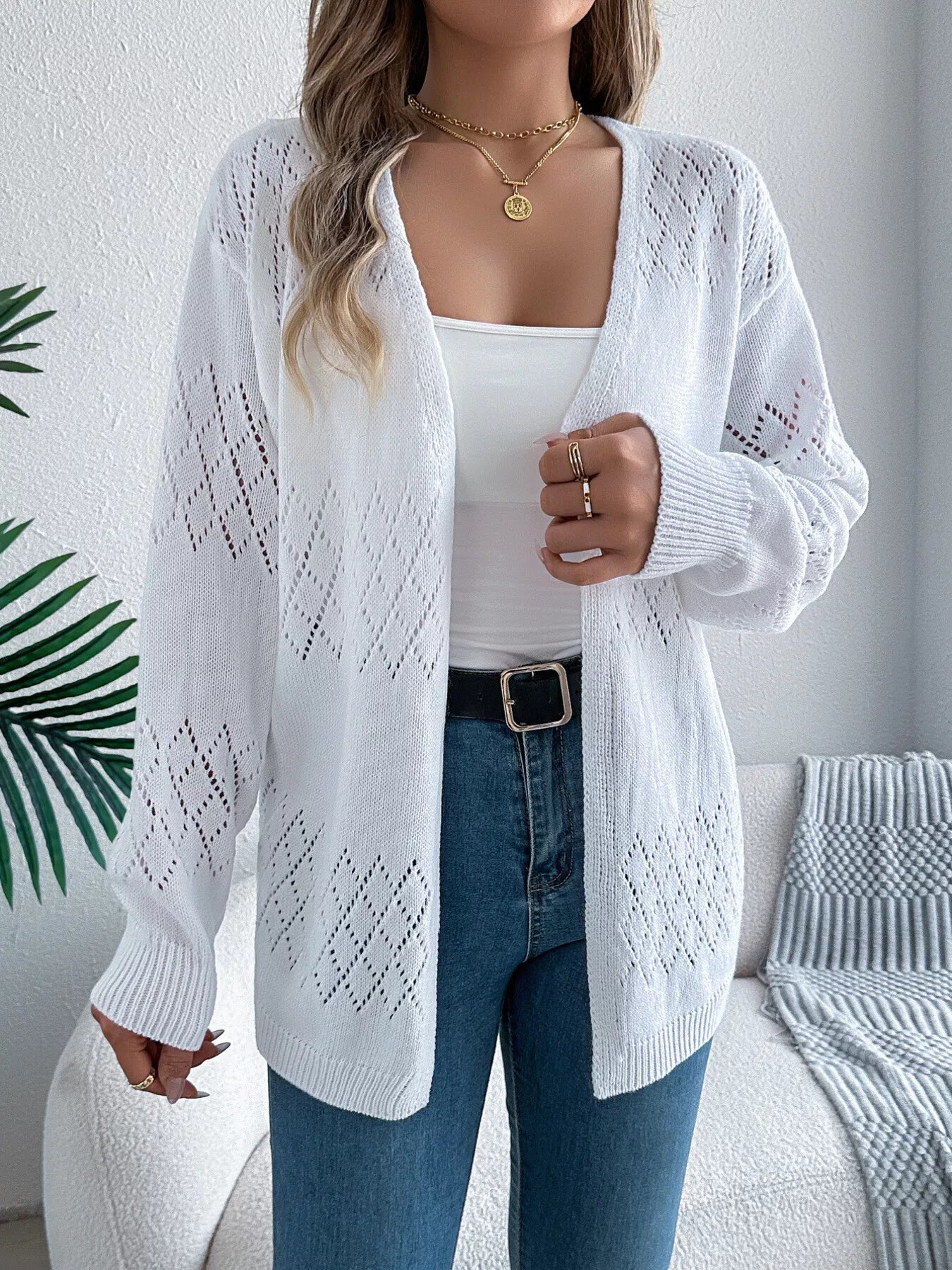 Openwork Open Front Long Sleeve Cardigan OutfitFlow
