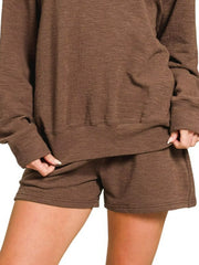 Zenana Slub Long Sleeve Top and Shorts Set Trendsi
