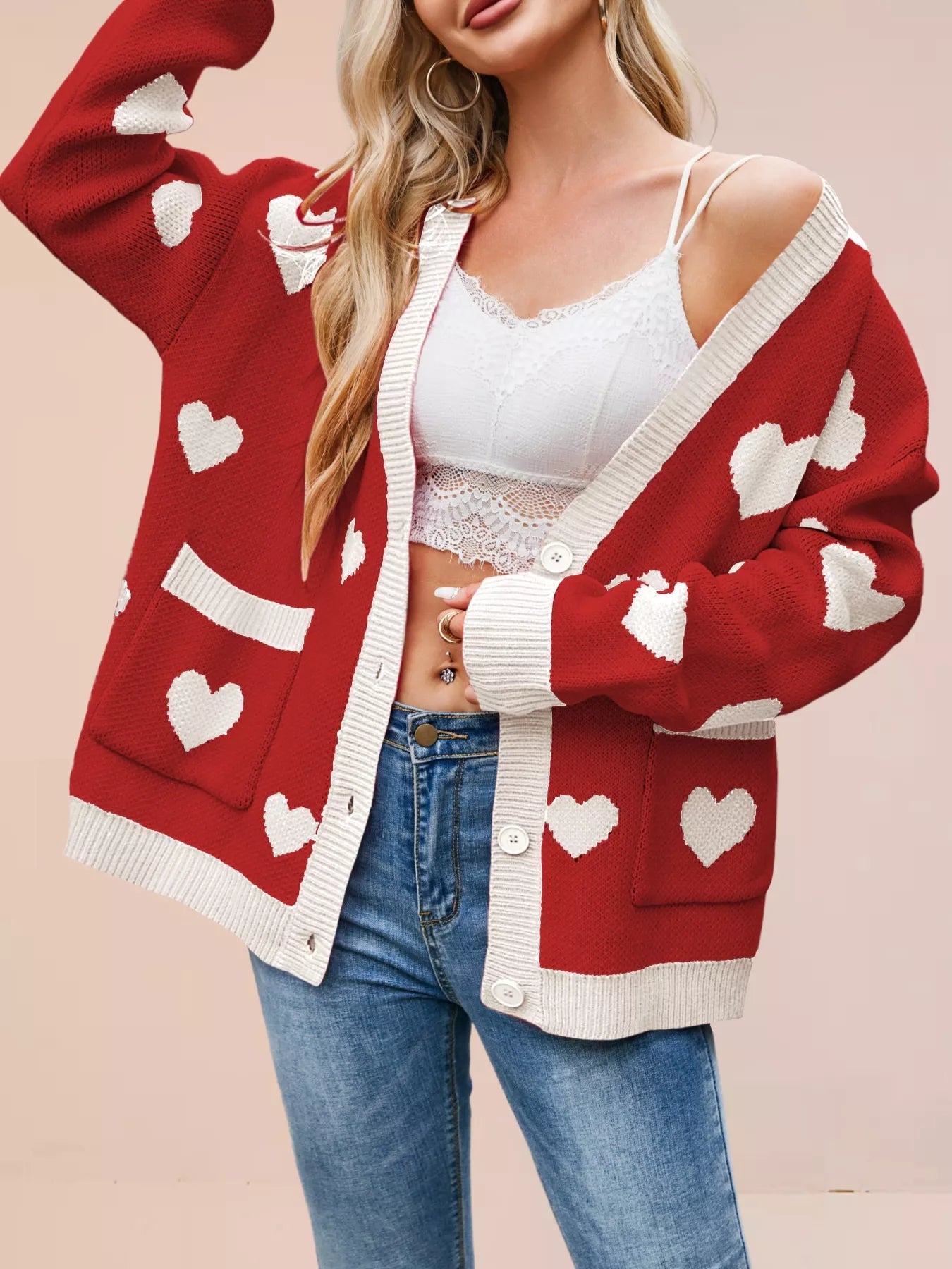Heart Pattern Button-Up Knit Cardigan Red OutfitFlow