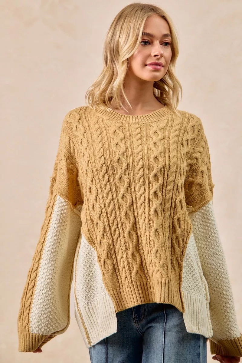 BiBi Cable Knit With Hacci Combo Sweater With Uneven Hem Detail Trendsi