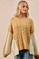 BiBi Cable Knit With Hacci Combo Sweater With Uneven Hem Detail Trendsi