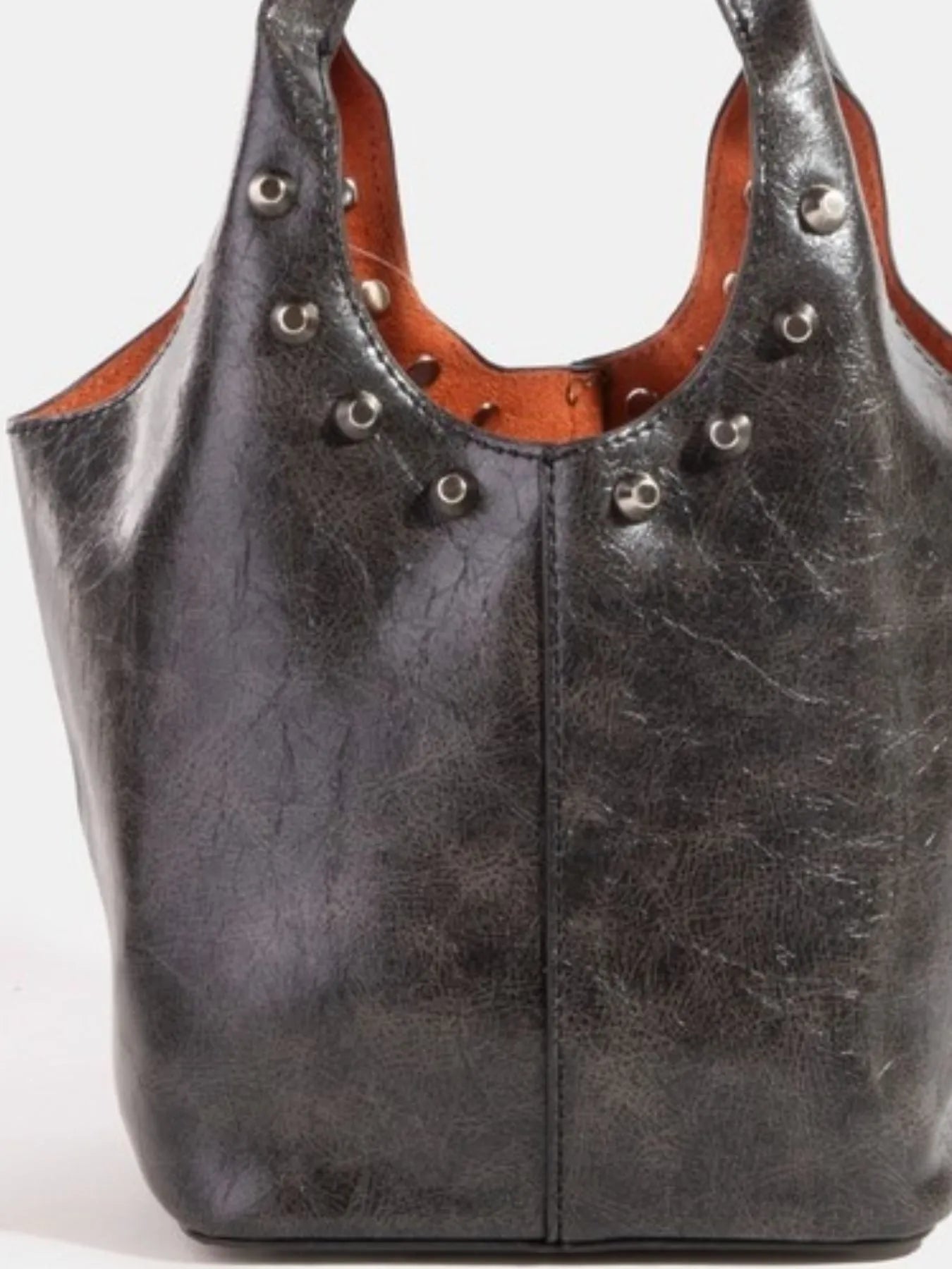 Fame Weathered Faux Leather And Studs Bucket Bag OutfitFlow
