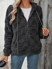 Outfit Flow - Checkered Texture Zip Up Drawstring Fuzzy Jacket