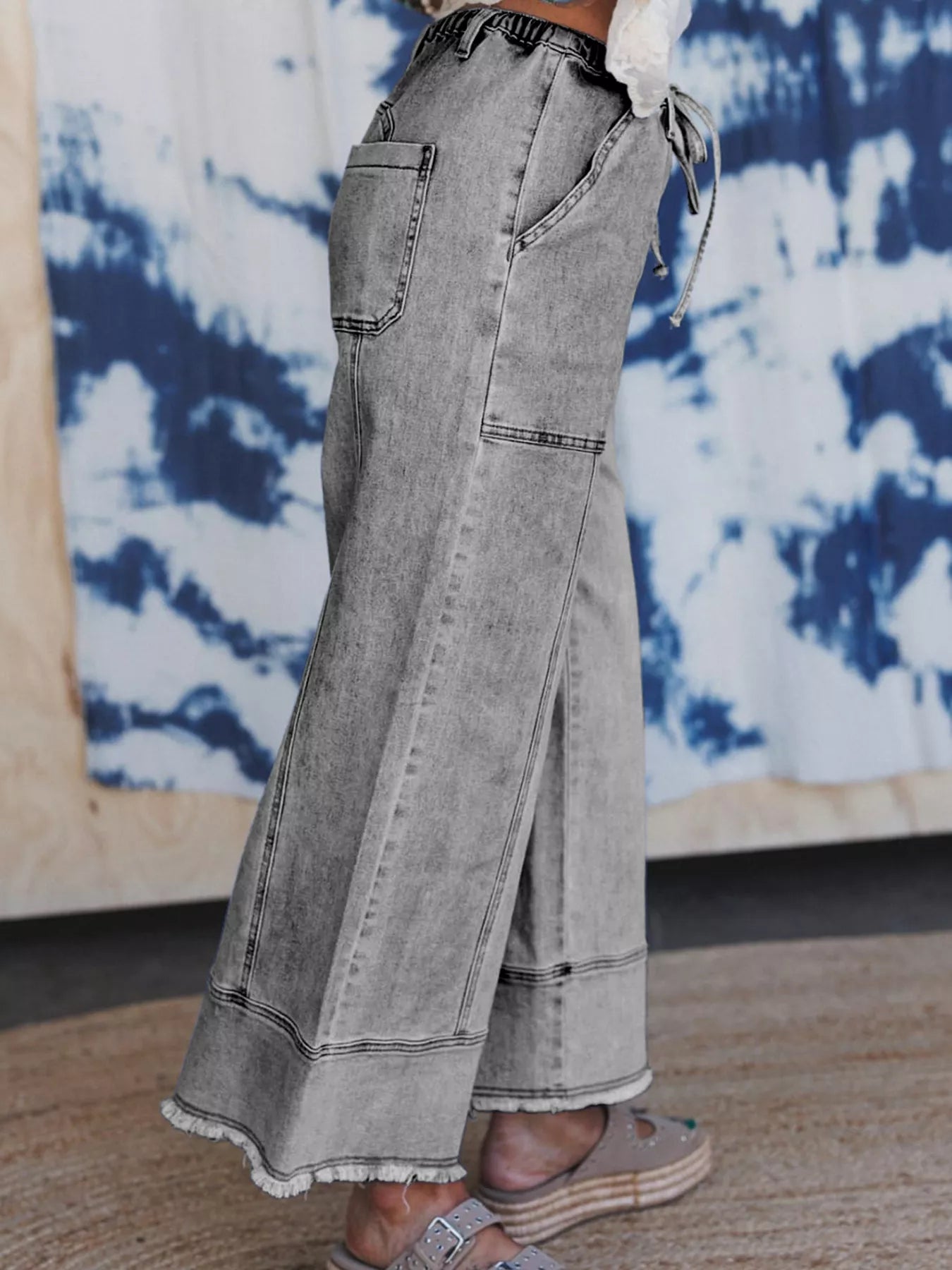 Wide Leg Drawstring Raw Hem Jeans OutfitFlow