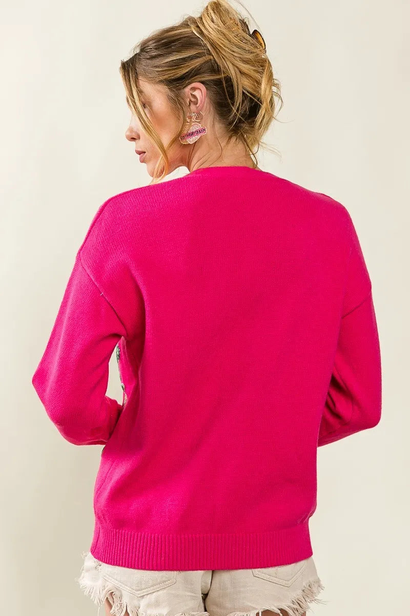 BiBi Front Tiger Sequin Patch V-neck Sweater Cardigan OutfitFlow