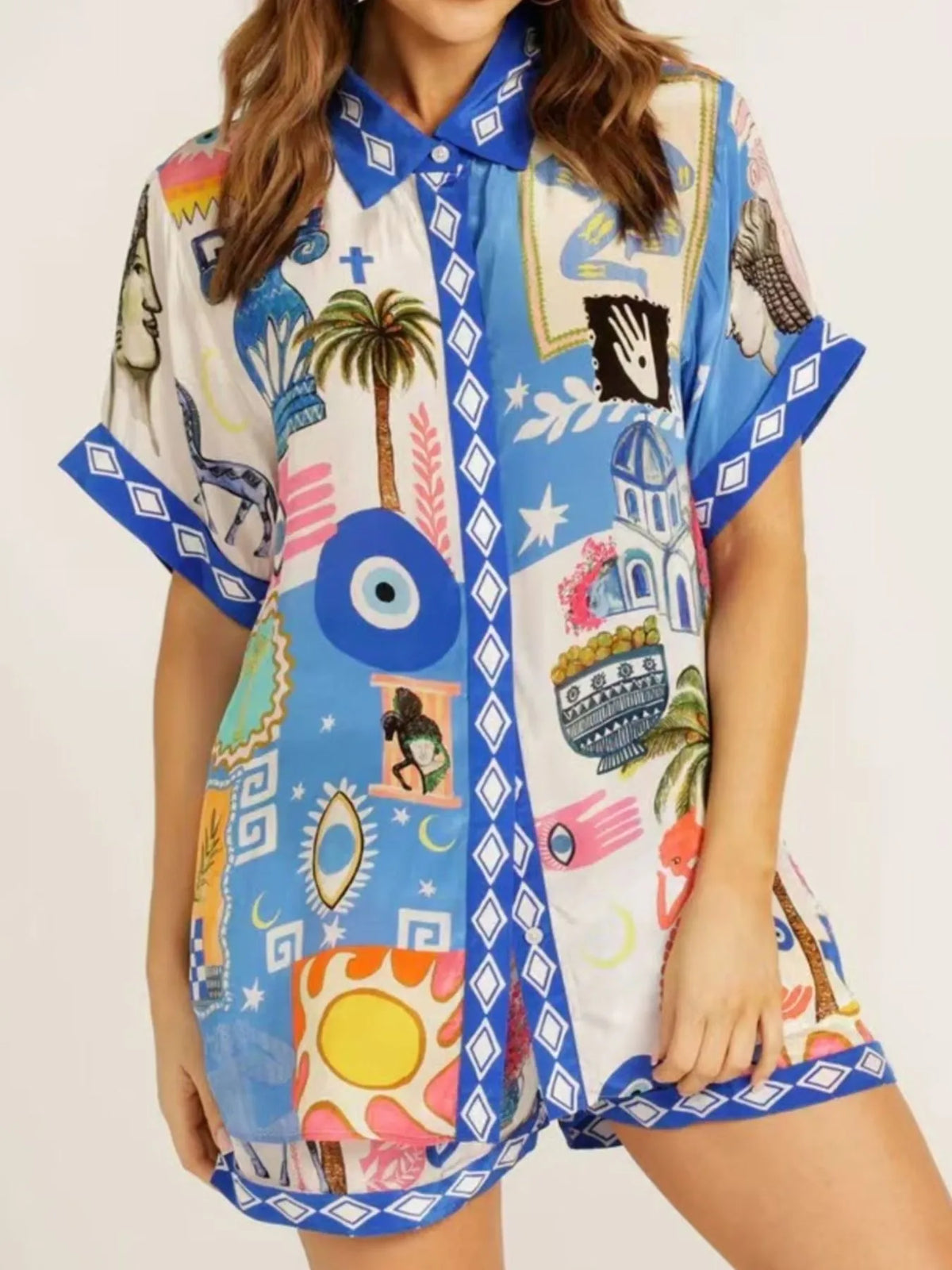 Printed Button Up Shirt and Shorts Set Blue OutfitFlow