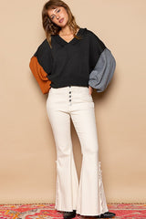 Outfit Flow - POL Exposed Seam Roll Edge Color Block V Neck Sweater