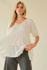 Davi & Dani Ruffled Flared Short Sleeve V Neck Blouse OutfitFlow