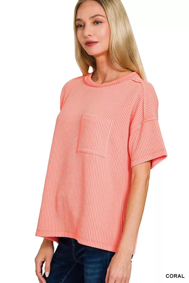 Zenana Raised Rib Exposed Seam Short Sleeve Top OutfitFlow