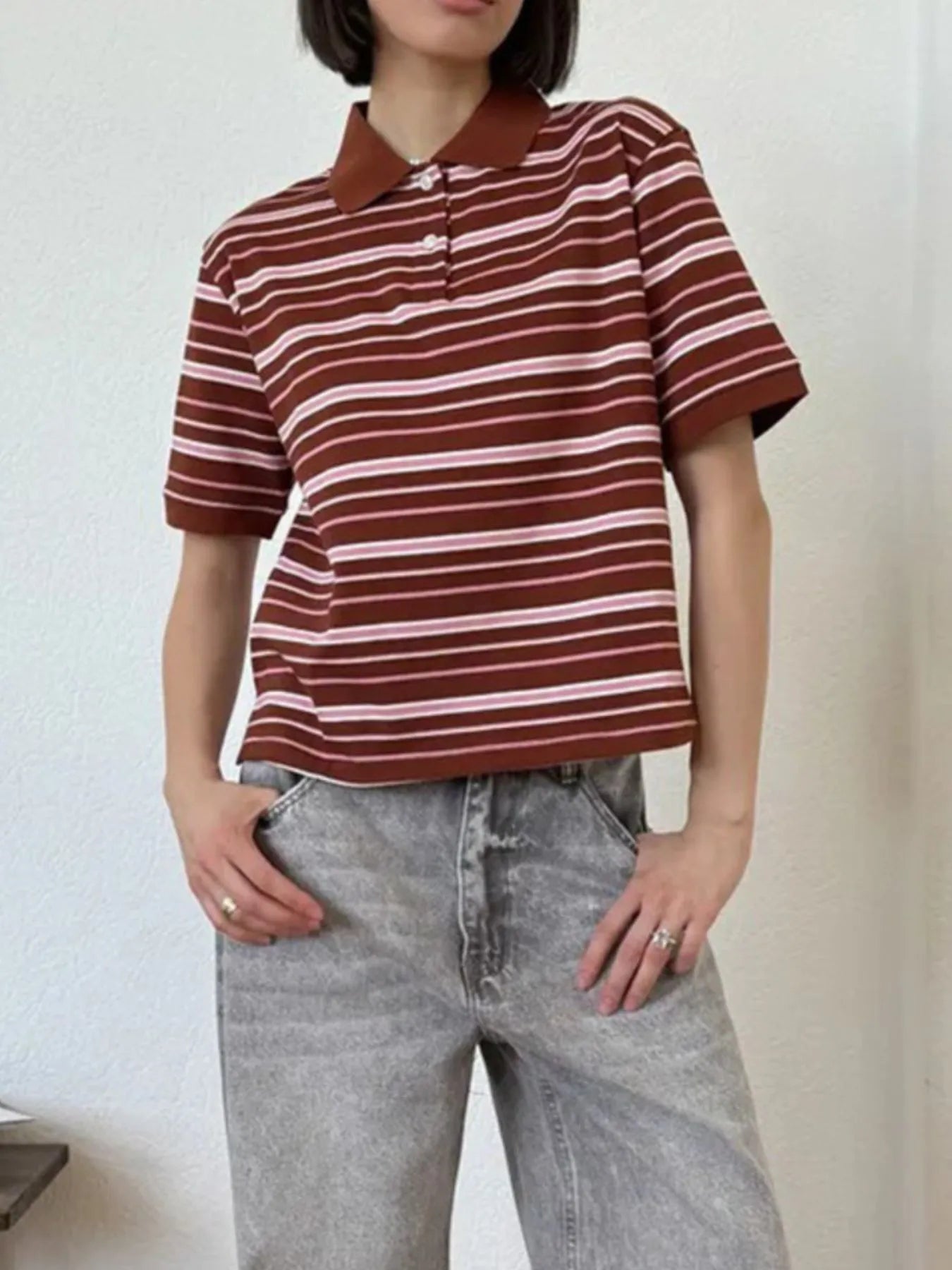 Striped Polo T-Shirt with Contrast Collar OutfitFlow