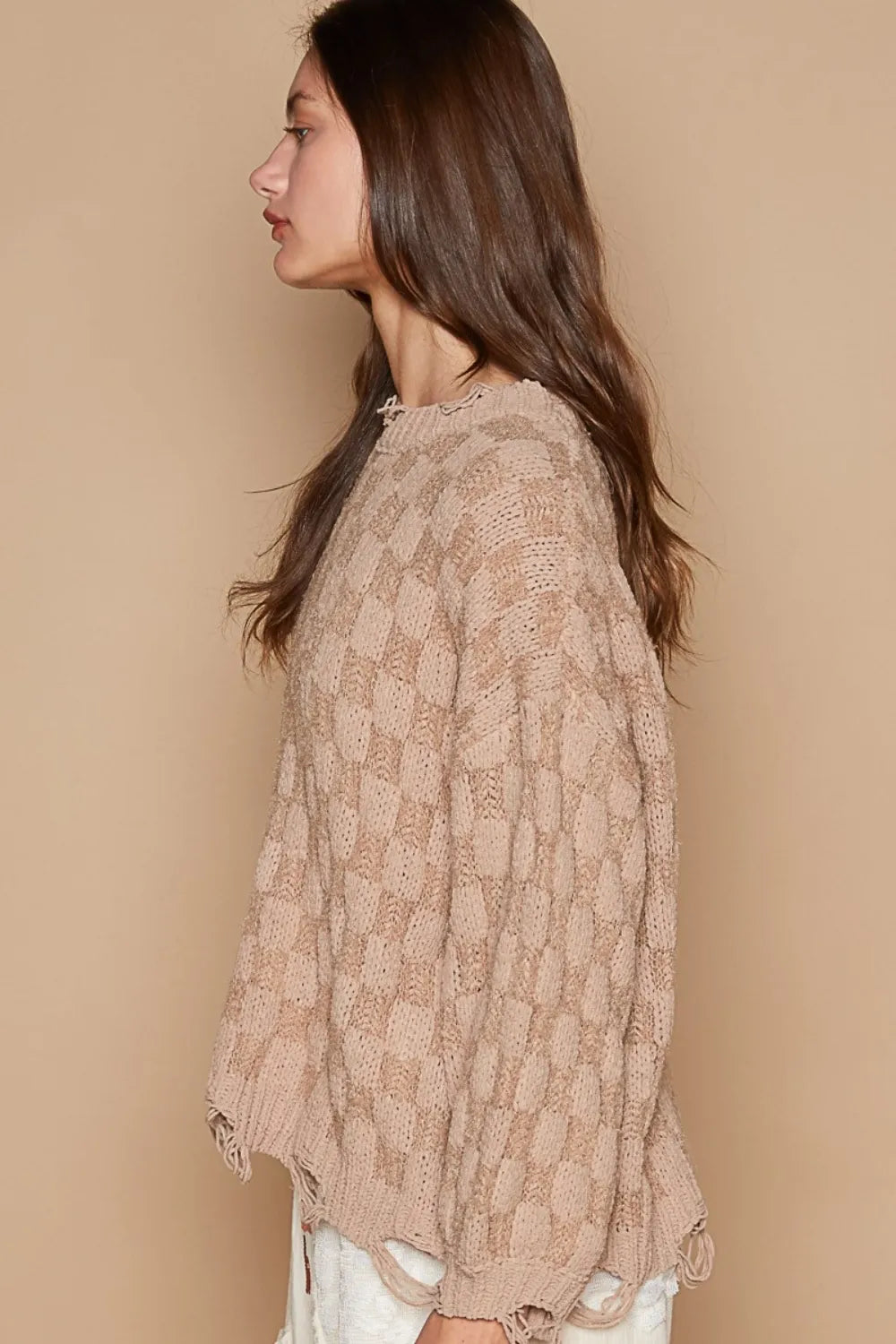 POL Checkered Distressed Edge Sweater Trendsi