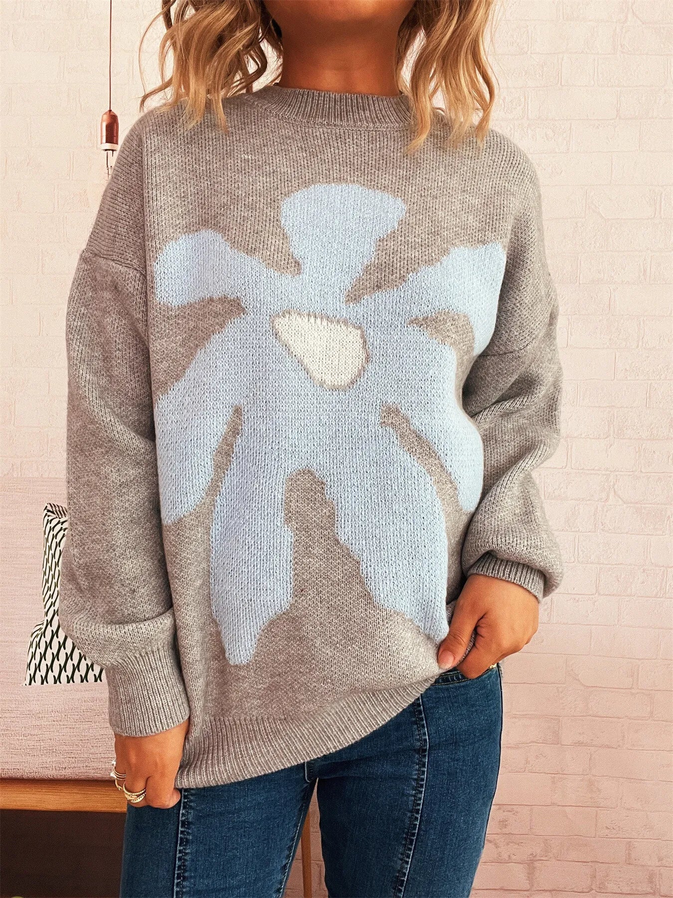Flower Dropped Shoulder Sweater Trendsi