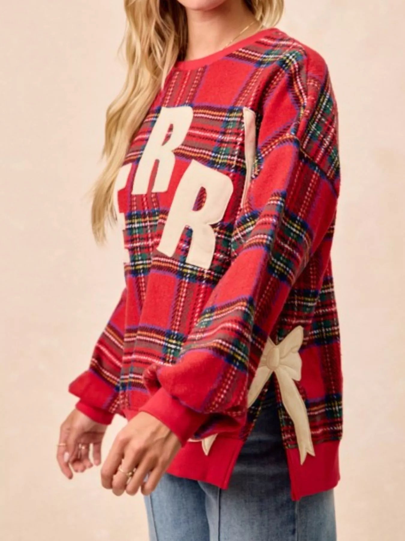MERRY Bow Slit Crew Neck Christmas Sweatshirt OutfitFlow