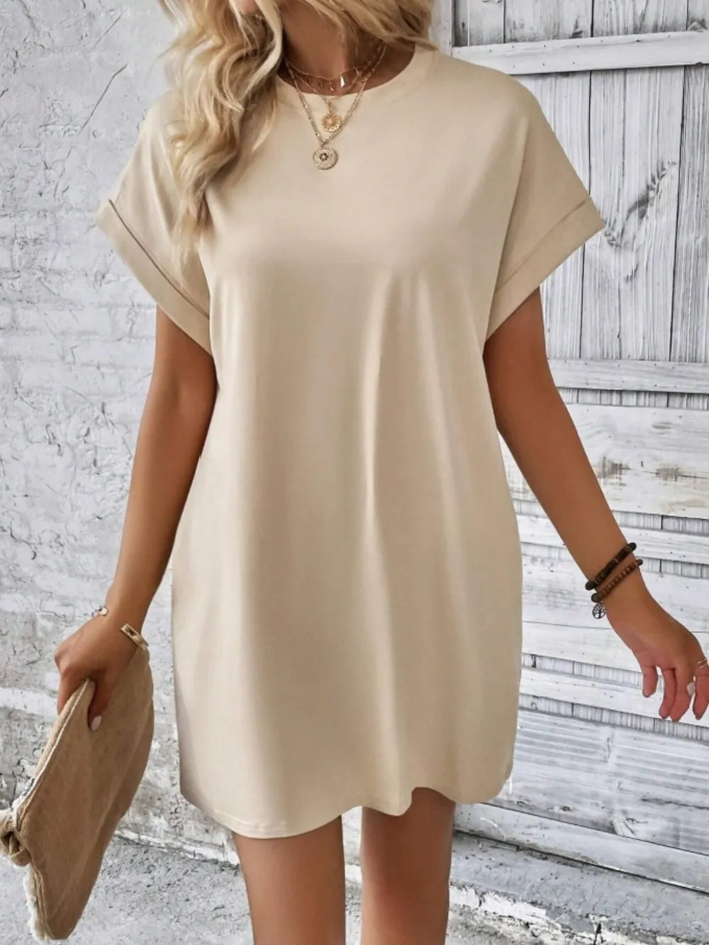 Pocketed Round Neck Short Sleeve Dress OutfitFlow