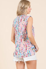 Lime 'N' Chili Full Size Graphic Print Ruffle Trim Mock Neck Sleeveless Top Plus Size OutfitFlow