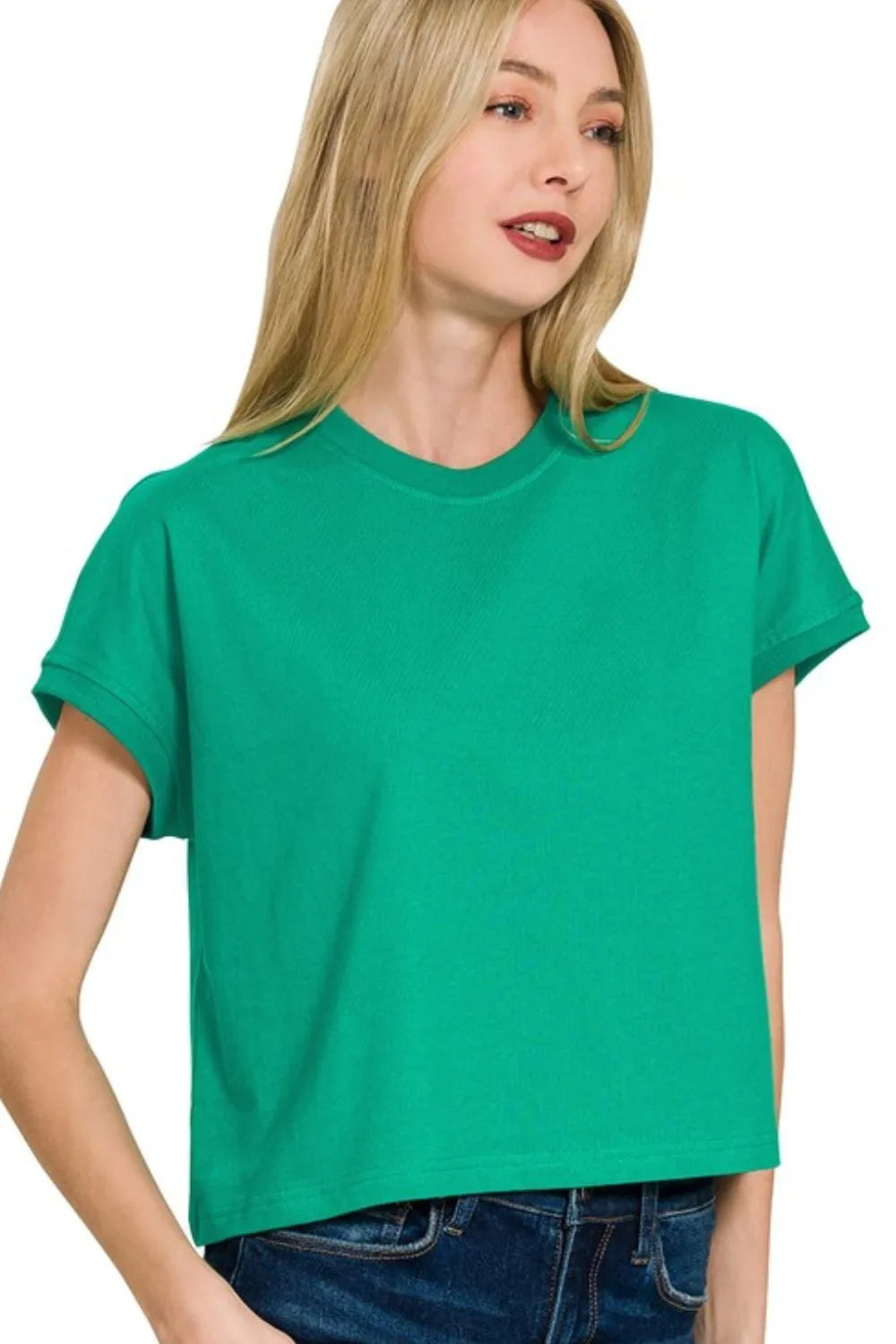 Zenana Premium Cotton Relaxed Crop Tee K GREEN OutfitFlow