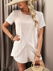 High-Low Round Neck Top and Shorts Set OutfitFlow
